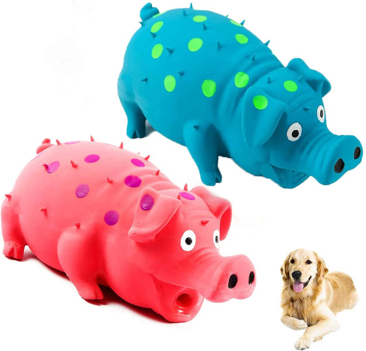 Squeaky Pig Dog Toys, 2 Pack Durable Rubber Pig Squeaker Dog Puppy Chew Toys, Latex Interactive Squeak Funny Cute Dog Toy Set,Red + Blue